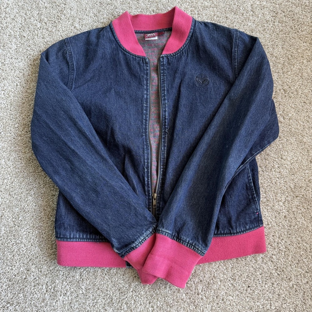 Y2K Roxy Jean Quicksilver Skater Jacket Womens Large Denim Bomber Punk Pink Zip